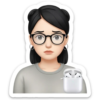 "- Nữ
- 30 tuổi
- Da trắng
- Tóc đen
- Đeo kính, đeo airpod
- Mặt buồn
" sticker