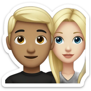 Blonde girl with blue eyes in black sweater and asian man with black hair and black eyes hugging sticker