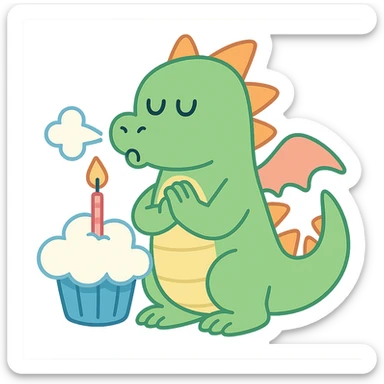 dragon with 1 line smiley eyes, blowing out candles on a cloud cupcake, in a 'making a wish' pose, pastel-toon style sticker
