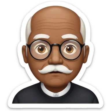 an elderly man with medium-dark skin tone, bald on top with short white hair at the sides, thick white eyebrows, large brown eyes, and wears black-framed glasses.
A small white beard sits above his mouth sticker
