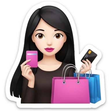 Girl with long black hair and pink lipstick, brown eyes holding shopping bags and credit card sticker