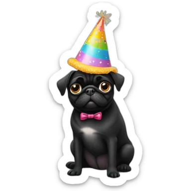Black pug dog wearing a birthday hat sticker