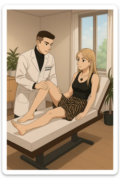 fai un webtoon/manga a colori con questo kinesiologo in camice bianco (fagli la scritta "ANTONIO ANANIA" SUL CAMICE) CHE SVOLGE UN TEST NEUROMUSCOLARE SOLLEVANDO UNA GAMBA ALLA RAGAZZA CHE è STESA SU UN LETTINO BIANCO. STANZA SEMPLICE E MODERNA, DURANTE IL TEST I DUE DIALOGANO TRA LORO. NON FARE I FUMETTI, FAI SOLO LORO COME SE DIALOGASSERO sticker