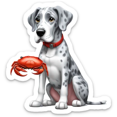 Blue Merle Great Dane eating red crab sticker