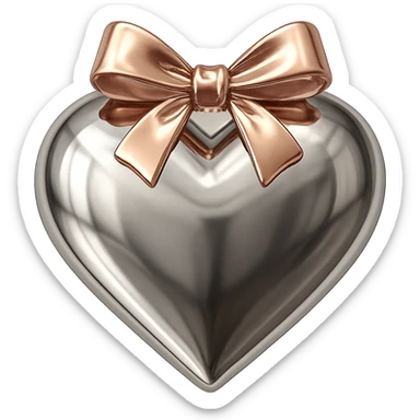 shiny reflective silver heart with a rose gold bow, highly polished, metallic, elegant sticker