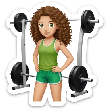 white girl with long brown curly hair in green top and shorts at the gym sticker