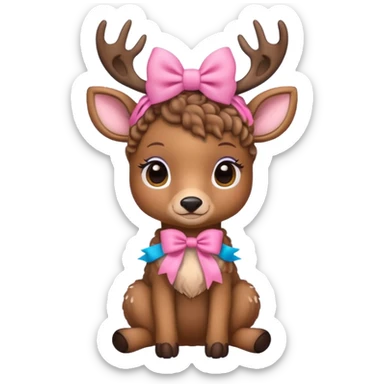 cute deer with curly fur, sitting down, wearing a bow on its head. sticker