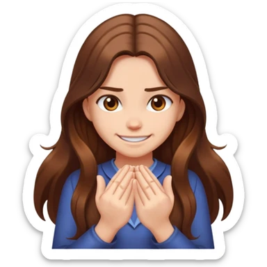Girl with brown long hair standing backwards and rubbing her hands like she’s excited for something but with an evil grin sticker