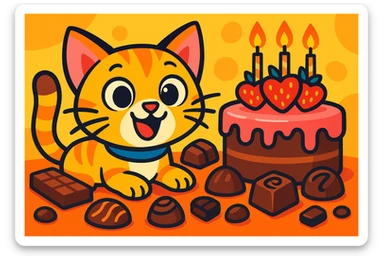 colorful cartoon style animated kitten surrounded by chocolates and a cake sticker