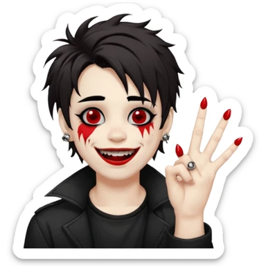 Laughing pale Goth boy with a bunch of face piercings, with shaggy dark brown hair, and messy black eyeliner , smudged, red, lipstick and rock on hand sign sticker