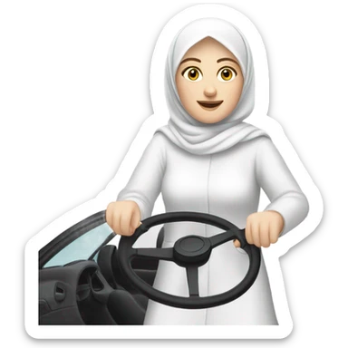 White skin, white hijabi women drives a car, steering wheel sticker