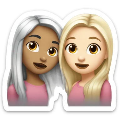 Girl kissing another girl on the cheek, both blushing. They both have white skin and long black hair sticker