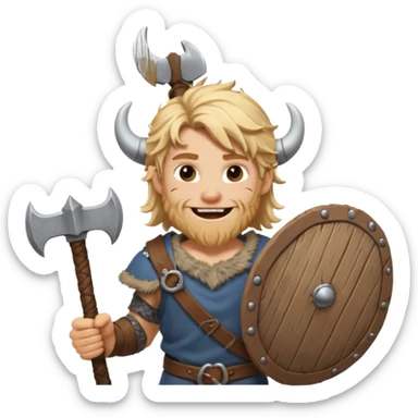 A young Viking warrior with messy blond hair, wooden shield, and fierce excited grin.
 sticker