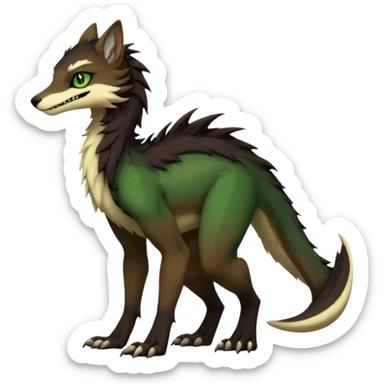 Brown and beige badass elegant wild beautiful natural cute badass epic exotic anthro modern furry 2-legged sergal-vernid-creature, full body, dark-brown-black-gradient pretty hair, with a long tufted tail, green eyes, aesthetic, art by LiLaiRa, art by art by Falvie sticker