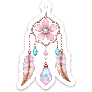 Hanging Iridescent pastel pink sakura crystals white-pearly suncatcher with bells and feathers sticker