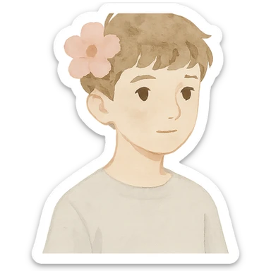 a boy with fluffy, wavy short hair and brown eyes, wearing a light grey t-shirt and a light pink flower on his head, watercolor art style sticker