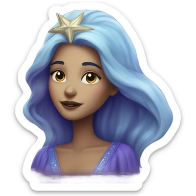 caucasian mystical woman with sparkling galaxy hair with moon and stars in purple and blue shades sticker