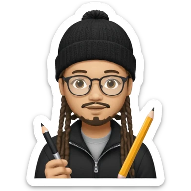 A creative young man with a pencil, glasses and a beanie. He holds a pen in his hand. He has dreadlocks, a slight moustache and bit of a beard. He's a lightskin blAsian man. He wears a black quarterzip jumper. sticker