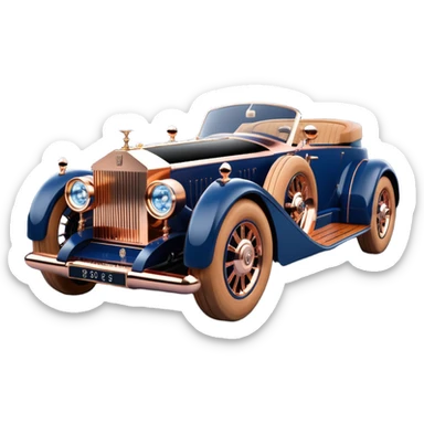 dark blue led lights on a hot rodded delicately inlaid rose gold and wood accentuated chauffeur driven 1889 Rolls Royce with futuristic electric spaceship plasma motors and dynamos with wide racing wheels that are held strong by advanced suspension and steering sticker