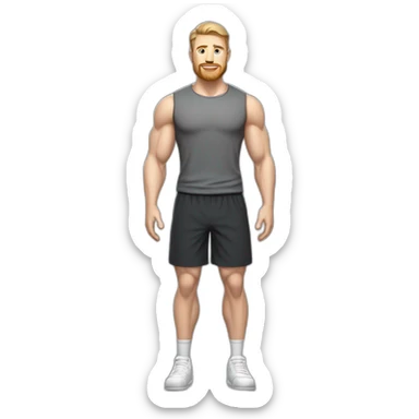 Full height Pale skinned fit man With biceps, Realistic eyes, light brown hair and very short beard In dark gray sleeveless mike, black oversize sports shorts, watch and white sneakers. sticker