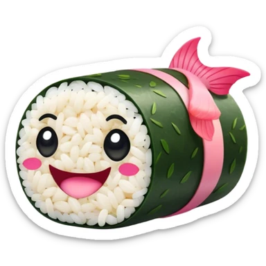 Cute Kawaii Maki Sushi Roll, small and round, wrapped in soft dark green seaweed, tiny grains of rice peeking out, a bright pink fish filling, a cheerful smiling face! sticker