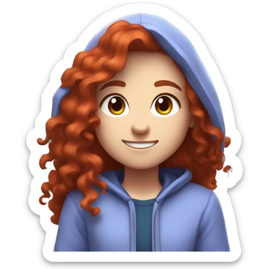 a white girl with long red curly hair and freckles, wearing periwinkle Minecraft hoodie playing a videogame smiling sticker
