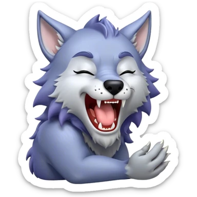 Cinematic Cute Yawning Werewolf Portrait Emoji, with a cuddly, miniature lupine form in soft moonlit grays and silvers, head leaning back in a big, adorable yawn that reveals a few fuzzy teeth, simplified yet irresistibly charming, highly detailed with a soft glowing outline that captures the drowsy, playful essence of a werewolf mid-nap! sticker
