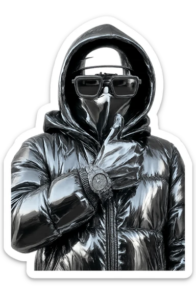 Transform the person in the image into a hyper-realistic chrome design with shiny metallic textures. Add stacks of money and a luxury car in the background. Emphasize a futuristic, high-end vibe with reflective chrome surfaces and sleek luxury elements. sticker