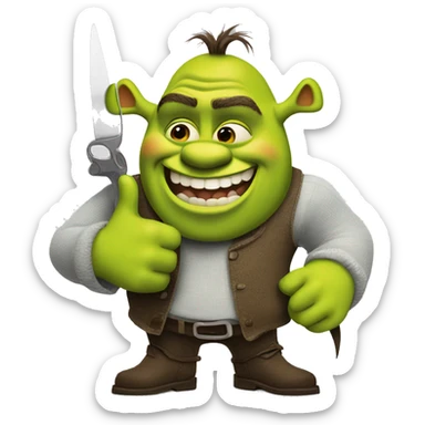 Shrek holding a thumbs up with scissors in his other hand sticker