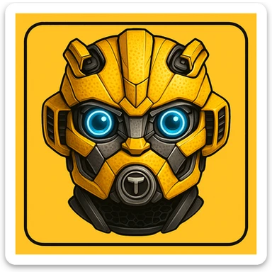 Edit the robot face to resemble the Transformers Bumblebee character more closely, while retaining the Toyota GR86 front features and the yuzu fruit texture. The image should have a yellow background with a black border and rounded corners. Maintain a style suitable for editing with clear details and vibrant colors to highlight these features. sticker