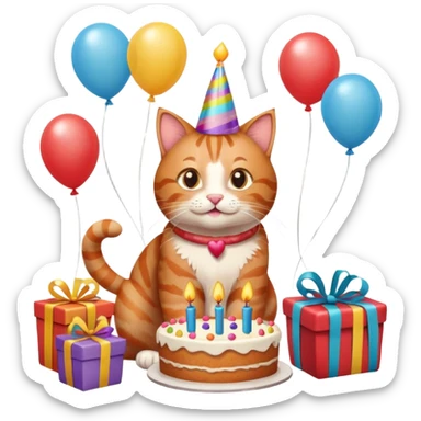 Ginger tabby cat celebrating birthday, birthday hat, birthday cake, balloons, happy, gifts sticker