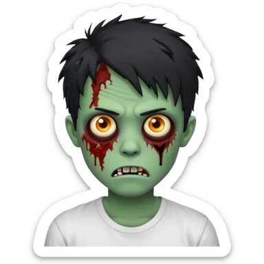 Rosto de frente classico de zombie boca meio torta cabelos medios grandes pretos bagunçados low fade com pele verde clara camiseta branca sem nenhum sangue no rosto e com cabelo bem adolescente e bagunçado sticker