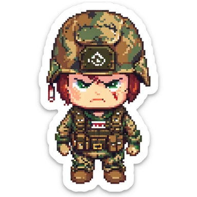 angry soldier, pixel art, frowning, camouflage outfit sticker