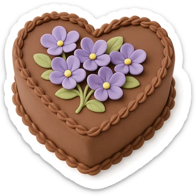 heart-shaped chocolate fondant cake with piped violets, transparent background sticker