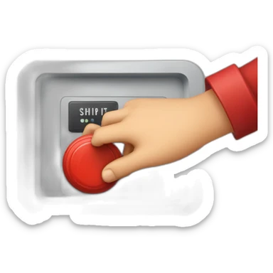 hand pressing a big red buzzer button with the label "ship it" sticker