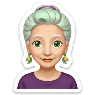 abuela con ojos verdes, pelo blanco, pelo blanco y amarrado, aspecto feliz sticker