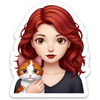a girl with dark red cherry wavy hair with her cute calico cat sticker