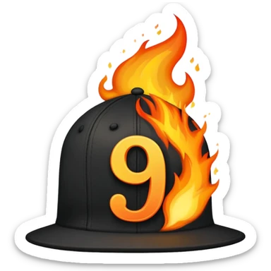 black cap on fire with number “9” on it sticker