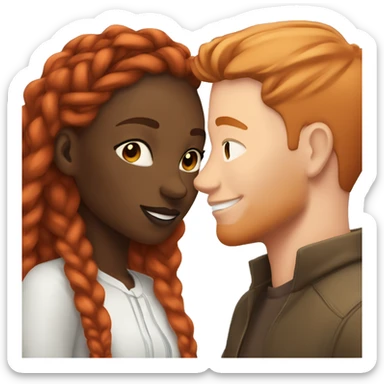 black girl with light brown braids kisses white man with red hair sticker