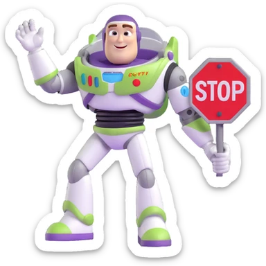 Buzz Lightyear character with a red stop sign above him sticker