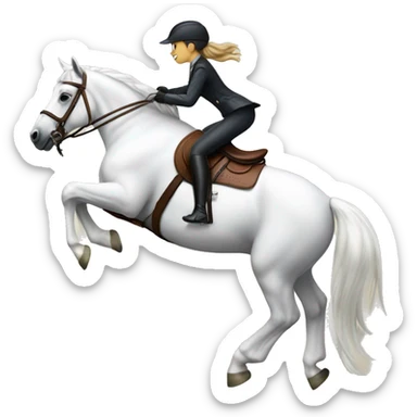 Girl riding white pony in English saddle over a jump sticker