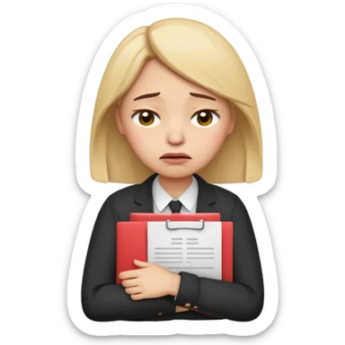  emoji character wearing a interview clothoes. face has a very sad crying, disappointed expression with drooping eyebrows and half-closed eyes. posture is dejected, with slumped shoulders. just rejected from  interview to get a job, holding CV. dont make it old person and make it woman. sticker