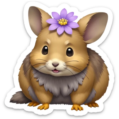 small round pika on all fours, turned at an angle, with a small light purple flower in its mouth sticker