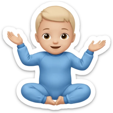 A smiling newborn baby wearing a blue onesie, moving its arms and hands. sticker