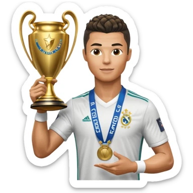 Cristiano Ronaldo holfing the champions league with noodle hair a bit longer noodle hair with a bit of blonde highlights and tge hair xoming down a bit just a bit of blonde not completely sticker