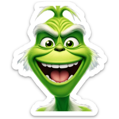The grinch smiling maniacally with full teeth while making eye contact with the camera sticker