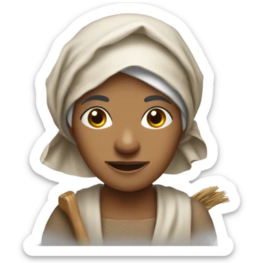 "An older woman with a weathered face, dark eyes, and a strong, no-nonsense expression. She wears a headscarf, a plain blouse, and carries a basket or a hoe in a rural setting." sticker