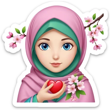 Turkish beautiful finish Konya girl blue eyes with cherry blossom flower lila green design hijab and hold heart in her hand  sticker