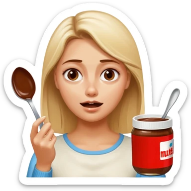 Nutella with a spoon. The glas of Nutella is almost empty . Only the one carriage of Nutella. Next to the Nutella is the head of a blond woman who is desperate to eat the Nutella  sticker