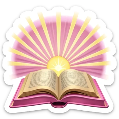 An open pink book with glowing light rays emerging from its pages, magical atmosphere, sticker